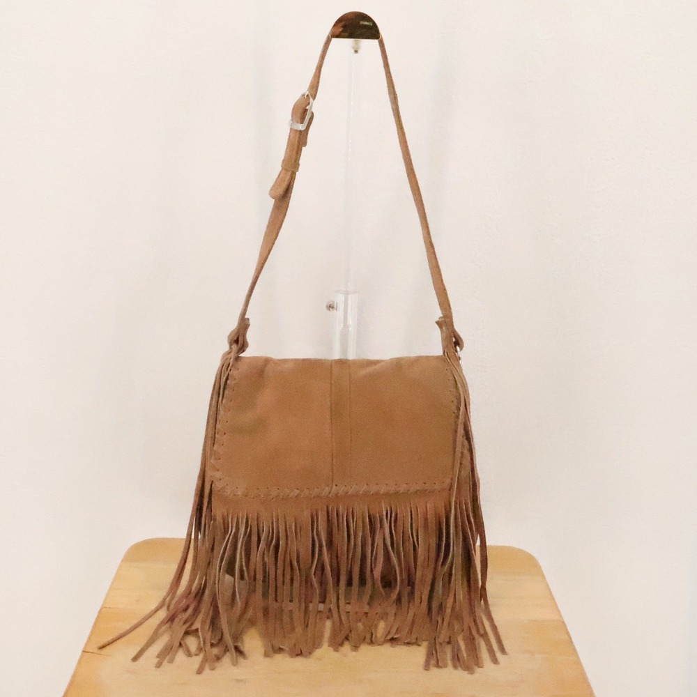 Vintage Fringe Suede Crossbody Bag Womens Tan Boho Western Leather Hippie Retro